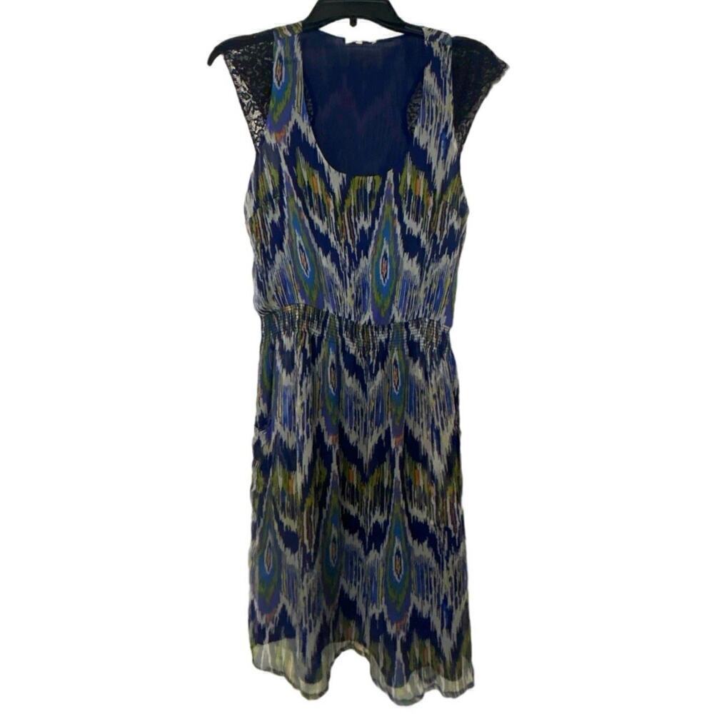 SUNDANCE 100% Silk Peacock Print Lace Cap Sleeve Knee Length Dress Size Medium